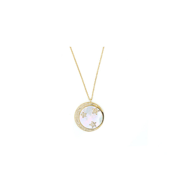 Pink Mother of Pearl Pendant with Diamond Moon & Stars Yellow Gold