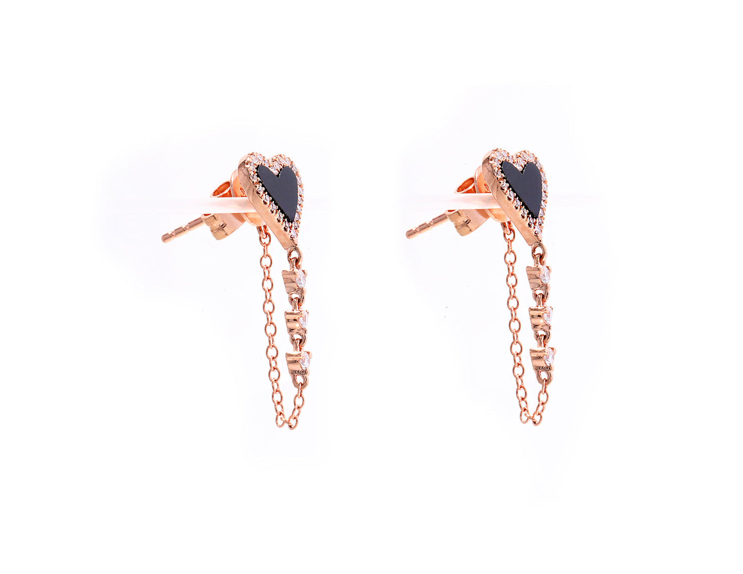 14K Rose Gold Diamond Pave and Onyx Heart Chain Drop Earrings