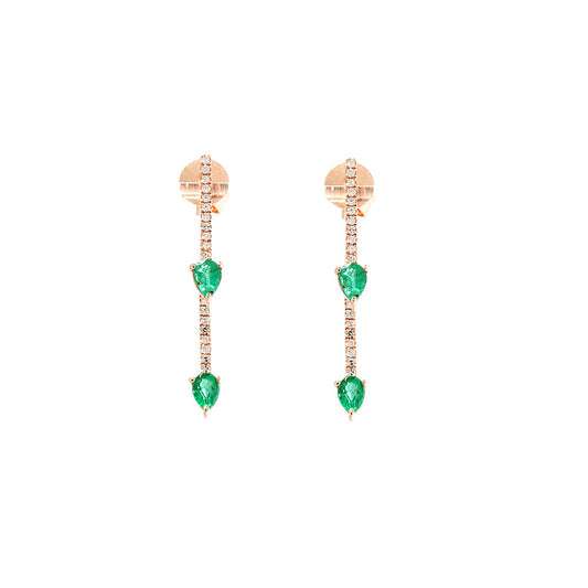 14K Rose Gold Diamond Pave and Emerald Front Back Straight Line Earring