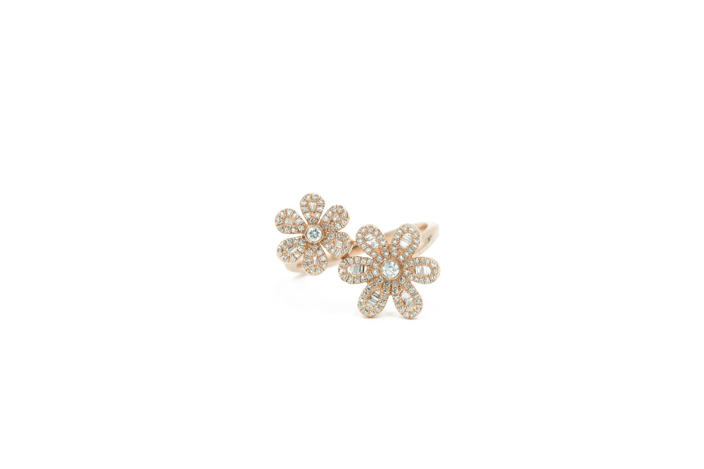 14KT Rose Gold Diamond Pave and Diamond Baguette Double Flower Ring