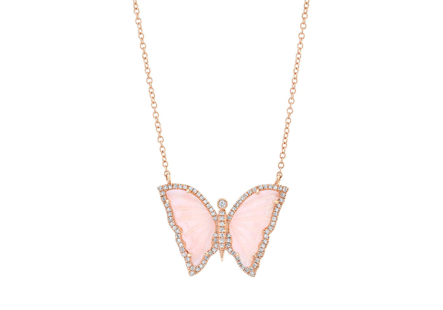 14k Rose Gold Diamond Pave and Pink Opal Butterfly Necklace