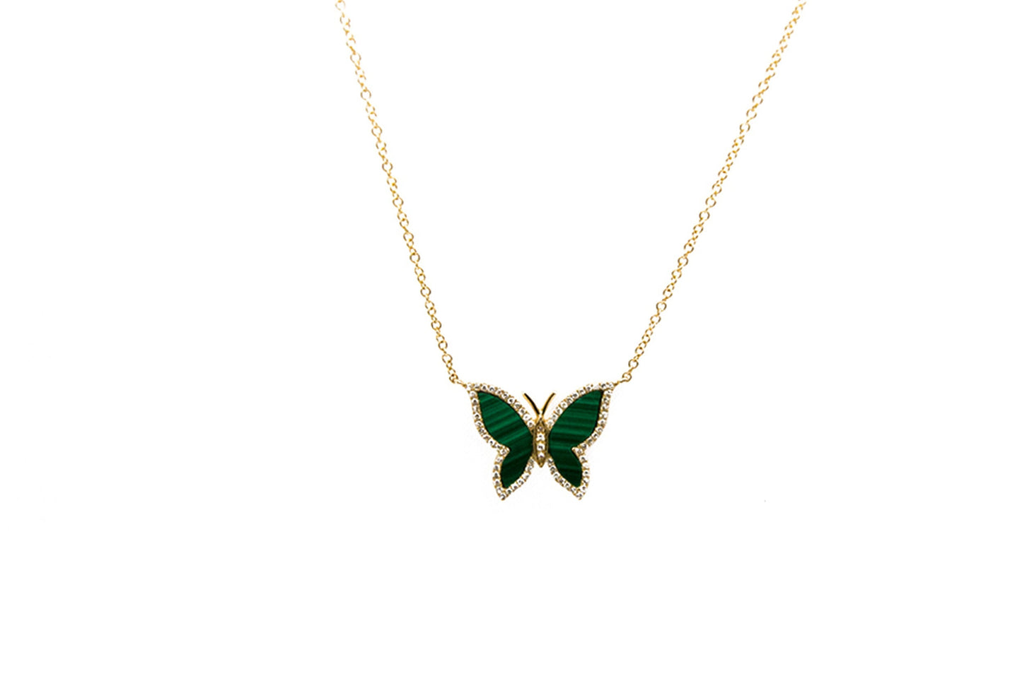 14k Yellow Gold Malachite and Diamond Butterfly Necklace