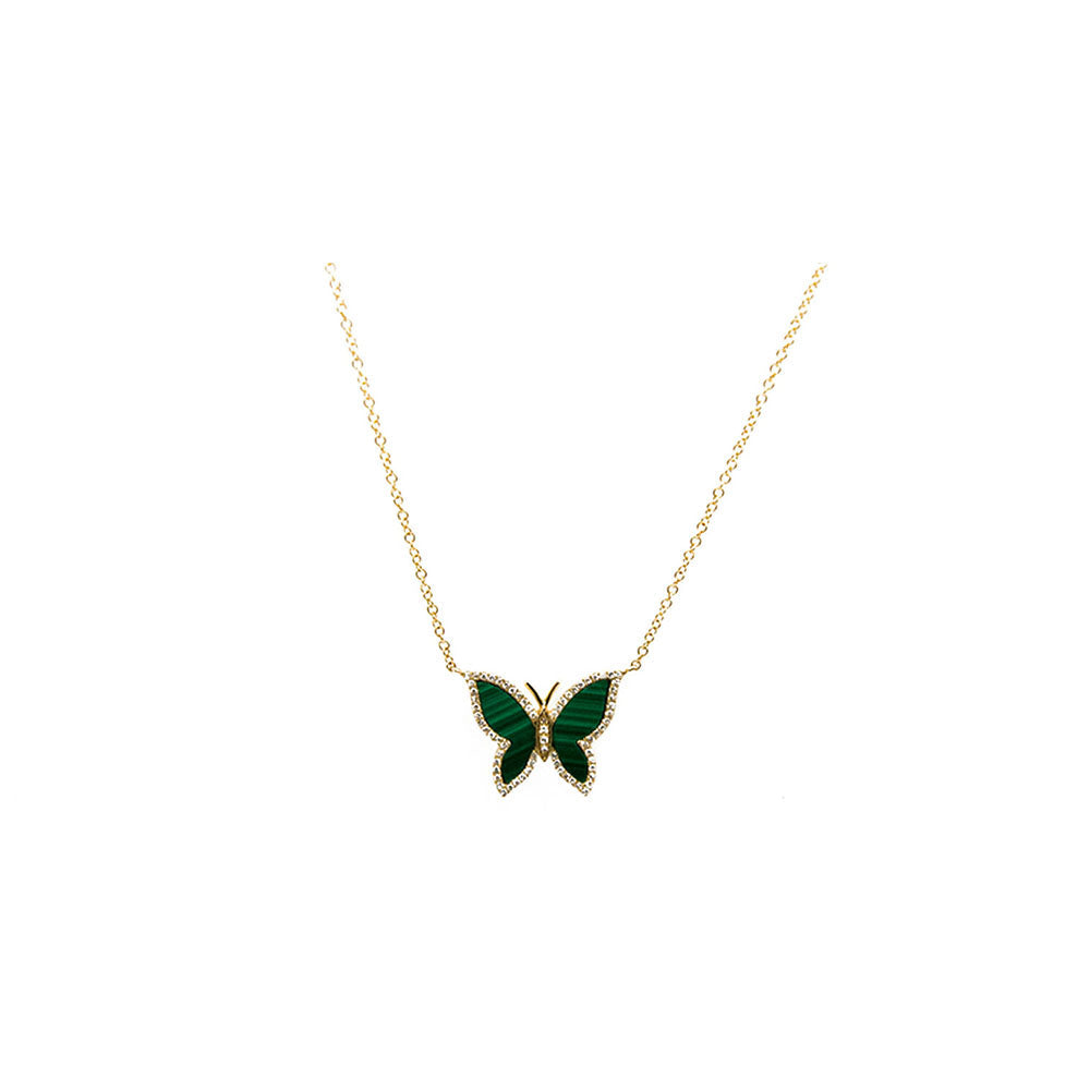 14k Yellow Gold Malachite and Diamond Butterfly Necklace